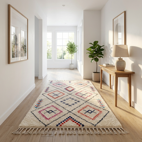 Handmade Azilal Rug - High Pile Natural Wool - Vibrant Geometric Boho Living Room Decor