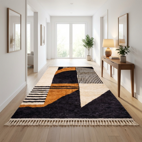 Authentic Moroccan Rug – High Pile Natural Wool Area Rug with Modern Abstract Geometric Pattern for Living Room Decor