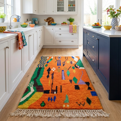 Azilal Rug – Orange Shaggy Striped Wool Rug