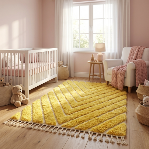 Vibrant Moroccan Wool Rug – High Pile 100% Wool Rug with Yellow Chevron Boho Design