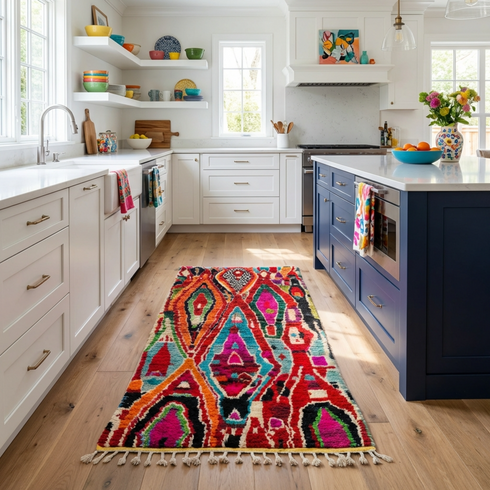 Handmade Colorful Beni Ourain Rug - High Pile Natural Wool