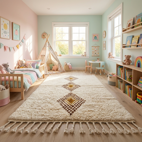 Beni Ourain Rug – Ivory Shaggy Diamond Wool Rug