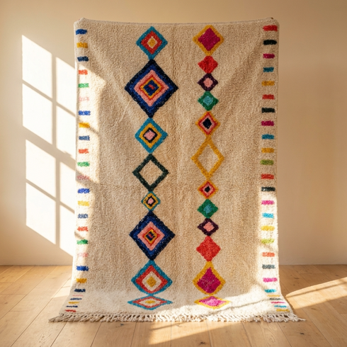 Handmade Azilal Rug - Plush High Pile Wool - Vibrant Geometric Boho Living Room Decor