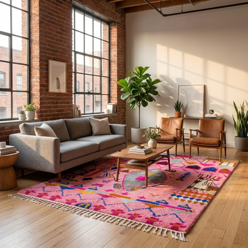 Moroccan Berber Rug – Pink Shaggy Geometric Wool Area Rug