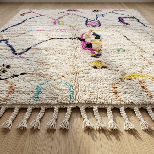 Handmade Moroccan Beni Ourain Rug - Plush Natural Wool - Geometric Symbols