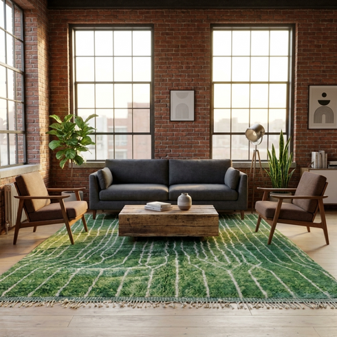 Modern Moroccan Wool Rug – Plush Shaggy Berber Rug with Sage Green Geometric Design for Boho Decor