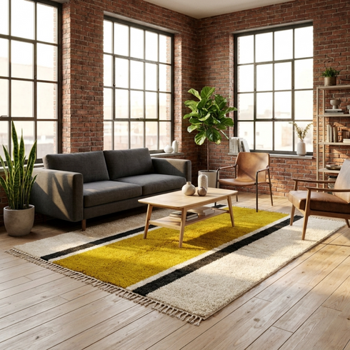 Authentic Moroccan Rug – High Pile Shaggy Wool Area Rug with Modern Mustard Stripe Pattern for Boho Living Room Decor