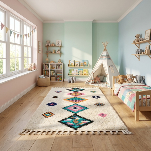 Azilal Rug – Multicolor Shaggy Diamond Wool Moroccan Carpet