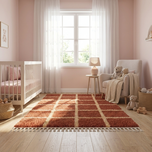 Beni Ourain Rug – Terracotta Plush Geometric Wool Rug