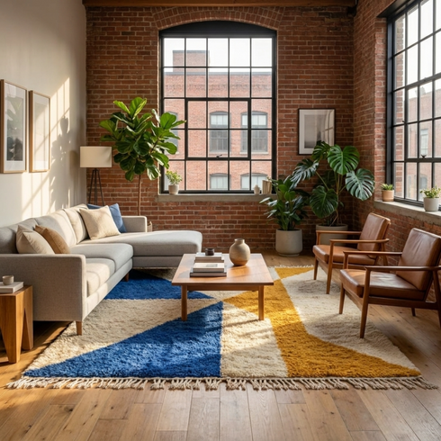 Authentic Moroccan Rug – High Pile Natural Wool Area Rug with Modern Geometric Abstract Pattern for Living Room Decor