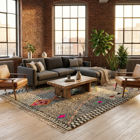 Authentic Handmade Azilal Rug – 100% Wool Moroccan Area Rug with Colorful Abstract Geometric Pattern
