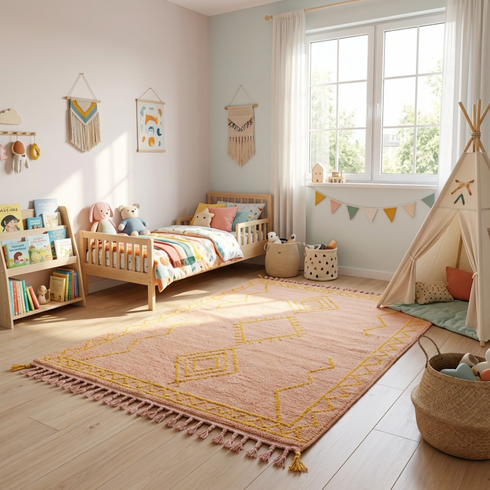 Salmon Flat-Weave Moroccan Rug | Kilim Boho Wool Carpet