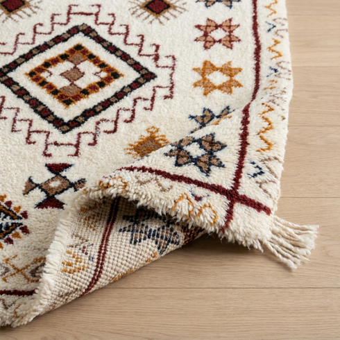 Handmade Azilal Rug - High Pile Natural Wool - Boho Moroccan Living Room Decor - Tribal Geometric Pattern