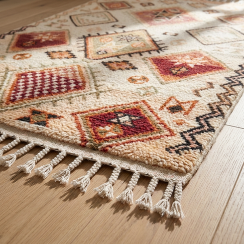 Authentic Handmade Boujaad Rug – Natural Wool Flatweave Moroccan Rug with Tribal Boho Design