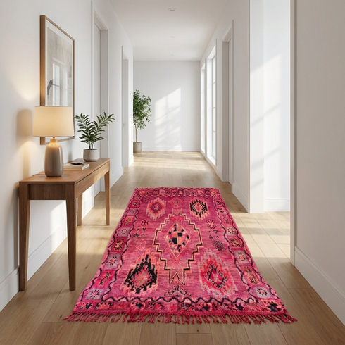 Authentic Handmade Boujaad Rug – Vibrant Pink Wool Moroccan Rug with Tribal Boho Design