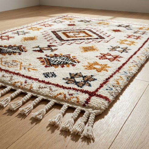 Handmade Azilal Rug - High Pile Natural Wool - Boho Moroccan Living Room Decor - Tribal Geometric Pattern