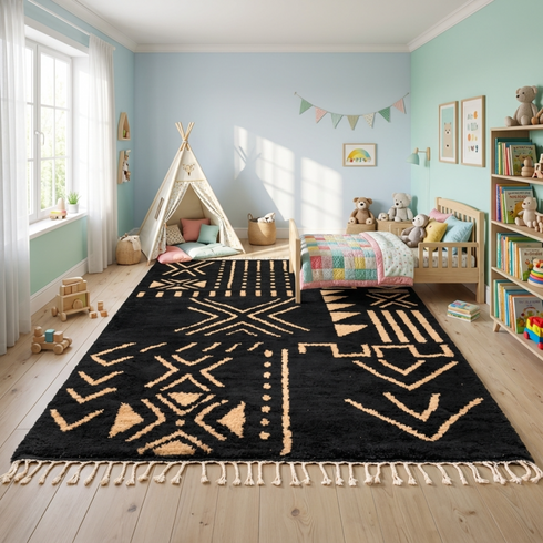 Authentic Moroccan Rug – High Pile Natural Wool Area Rug with Modern Abstract Tribal Geometric Pattern