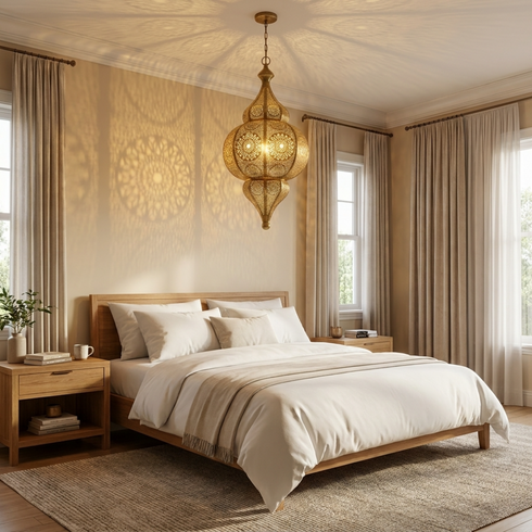 Authentic Handmade Moroccan Lamp – Oxidized Brass Teardrop Pendant with Warm Bedroom Mood Lighting Design