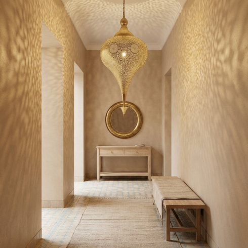 Teardrop Pendant Moroccan Brass Lamp - Living Room Statement Lamp