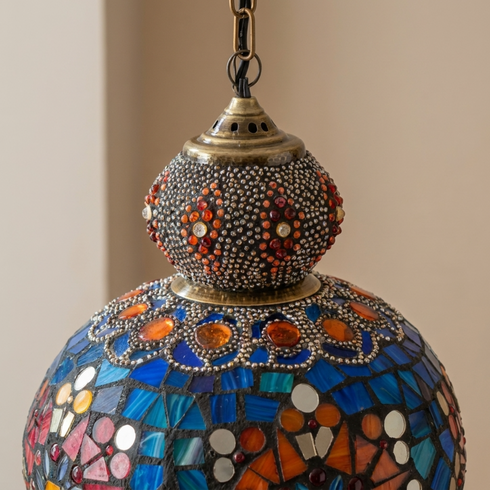 Authentic Handmade Moroccan Lamp – Solid Brass Mosaic Globe Pendant Light for Cozy Boho Bedroom Decor