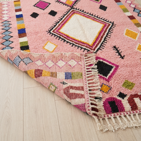Authentic Handmade Boujaad Rug – Plush 100% Wool Moroccan Area Rug for Pink Boho Living Room Decor