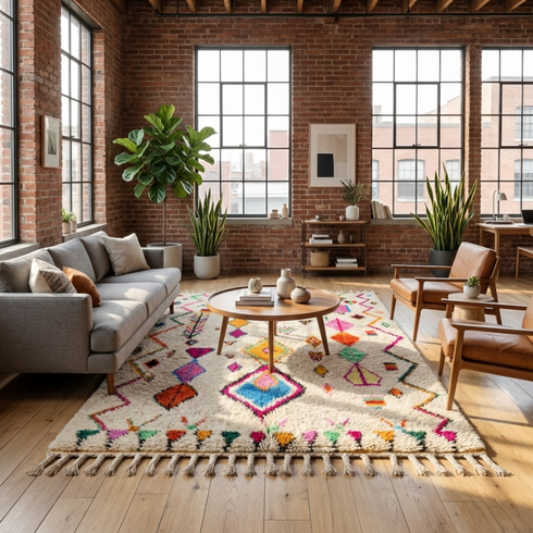 Azilal Rug – Multicolor Shaggy Diamond Wool Area Rug