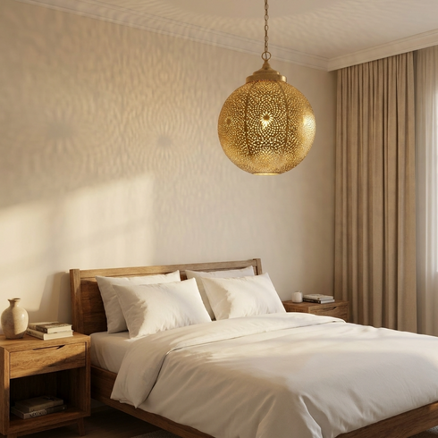 Authentic Solid Brass Globe Lamp – Hand-Hammered Moroccan Hanging Pendant Light with Intricate Filigree Design