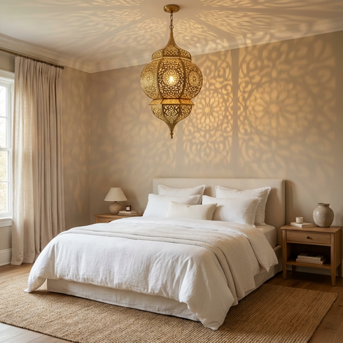 Handmade Moroccan Lamp - Gold Brass Pendant - Bedroom Mood Lighting