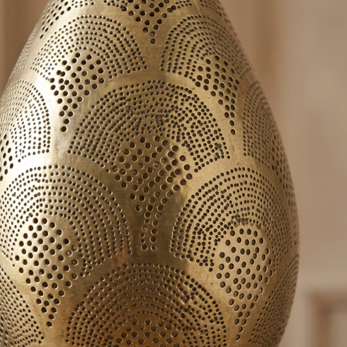 Authentic Handmade Moroccan Lamp – Gold Brass Teardrop Pendant Light with Boho Shadow Casting Design