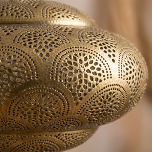 Authentic Handmade Moroccan Lamp – Gold Brass Pendant Light with Intricate Perforated Shadow Casting for Living Room Decor