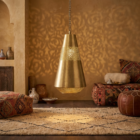 Authentic Handmade Moroccan Lamp – Gold Brass Pendant Light with Intricate Filigree Openwork Design for Kitchen Island Decor