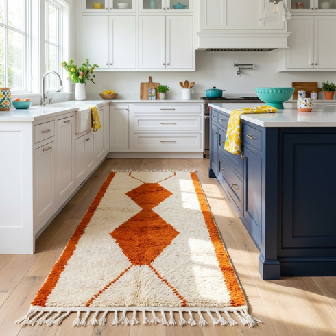 Beni Ourain Moroccan Rug – Plush Wool Area Rug with Burnt Orange Geometric Design for Boho Interiors