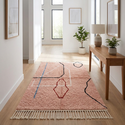 Authentic Moroccan Rug – Shaggy Plush Wool Area Rug with Modern Abstract Geometric Pattern for Boho Living Room Decor