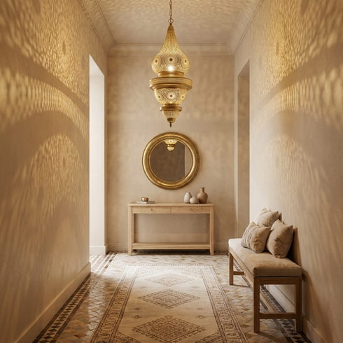 Authentic Moroccan Lighting – Gold Brass Pendant Lamp with Hand-Hammered Filigree Design for Living Room Decor