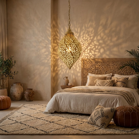 Authentic Handmade Moroccan Lamp – Gold Brass Teardrop Pendant with Intricate Shadow Casting Boho Design