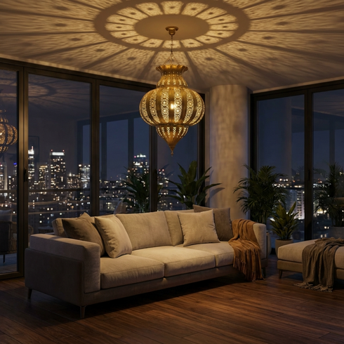 Handmade Moroccan Lamp - Gold Brass Pendant - Boho Entryway Lantern