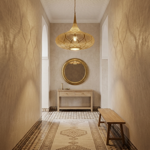 Authentic Handmade Moroccan Lamp – Gold Brass Pendant Light with Intricate Filigree Shadow Patterns