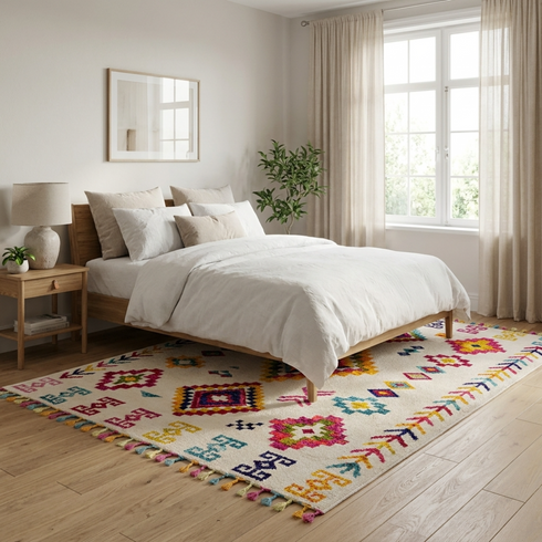 Handmade Azilal Rug - Vibrant 100% Wool - Geometric Boho Living Room Decor