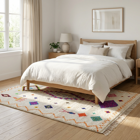 Handmade Azilal Rug - Plush Natural Wool - Vibrant Berber Symbols on Ivory