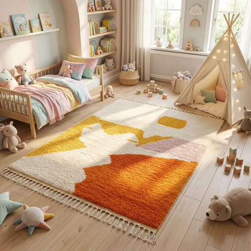 Authentic Azilal Moroccan Rug – Shaggy High Pile Natural Wool Rug with Modern Abstract Design for Boho Decor