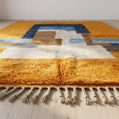 Modern Moroccan Wool Rug – Vibrant Abstract High Pile Area Rug for Boho Living Room Decor