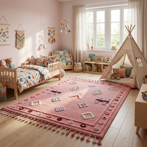 Authentic Handmade Azilal Rug – Vibrant Pink Flatweave Wool Moroccan Rug for Boho Home Decor