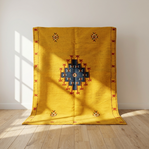 Vibrant Moroccan Kilim Rug - Flatweave Natural Wool Boho Decor - Mustard Yellow Tribal Motif