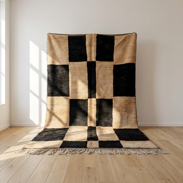 Moroccan Berber Rug – Black & Cream Plush Checkered Wool Area Rug