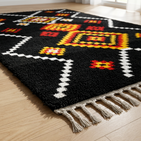 Authentic Handmade Moroccan Rug – Flatweave Wool Rug with Geometric Tribal Design for Boho Living Room Decor