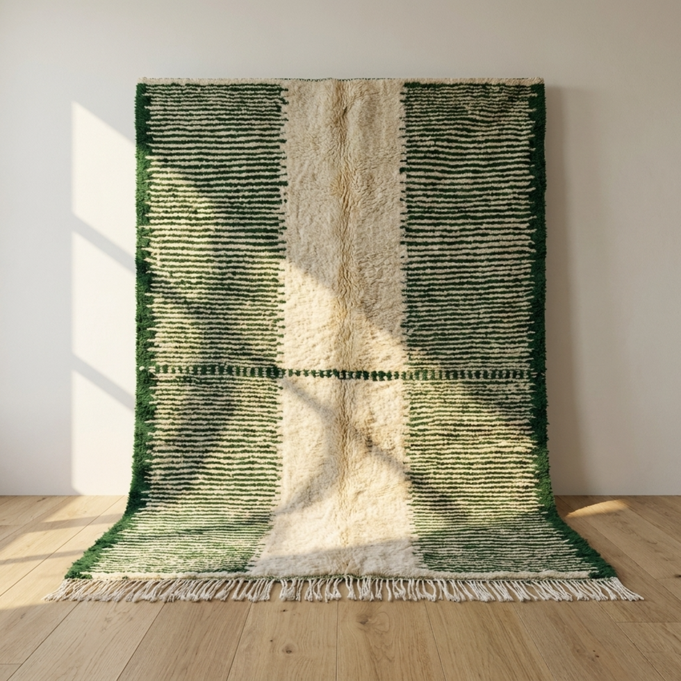Moroccan Berber Rug – Green Shaggy Striped Wool Area Rug