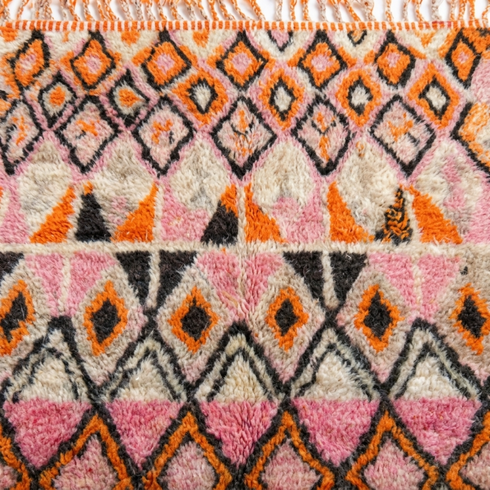 Handmade Boujaad Rug - Plush 100% Wool - Vibrant Boho Living Room Decor - Pink & Orange Geometric Pattern