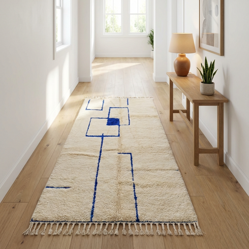 Modern Beni Ourain Rug - Plush Natural Wool - Geometric Blue Minimalist Decor
