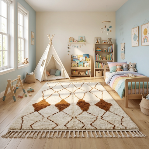 Beni Ourain Rug – Ivory High-Pile Geometric Wool Rug
