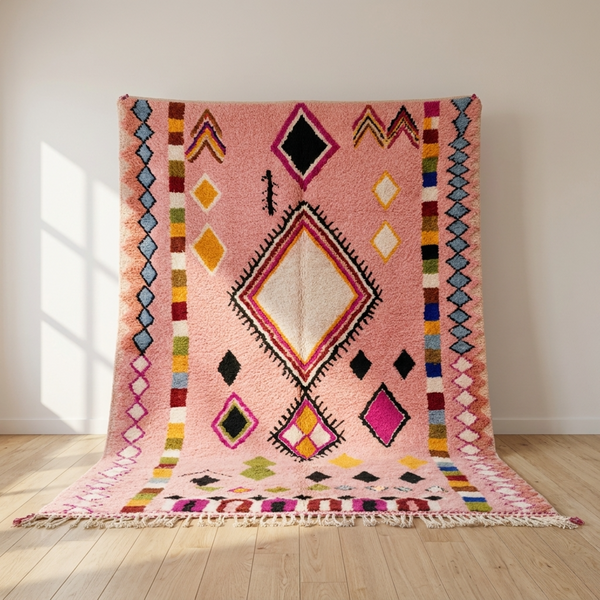 Authentic Handmade Boujaad Rug – Plush 100% Wool Moroccan Area Rug for Pink Boho Living Room Decor
